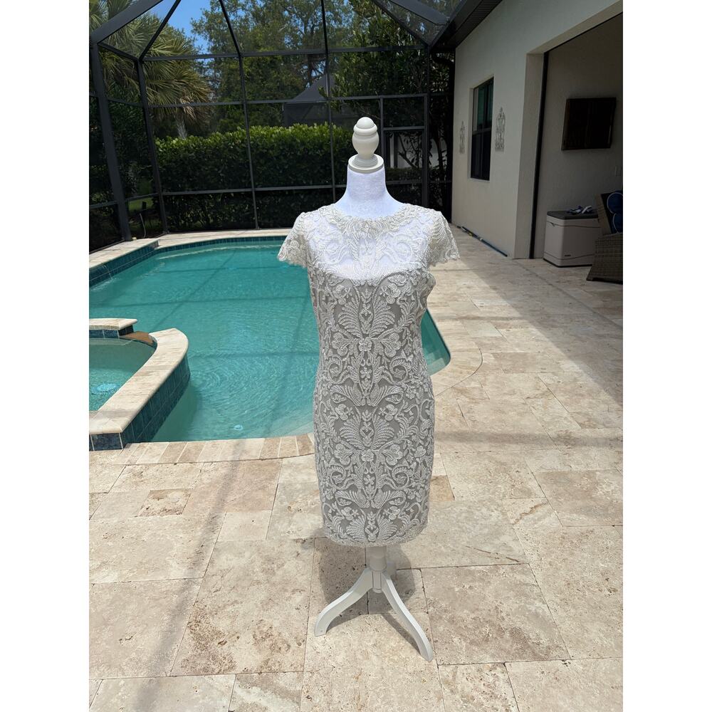 Tadashi Shoji Dress Lace Embroidery Metallic Mesh Sheath Evening Gown Cocktail - Picture 5 of 9